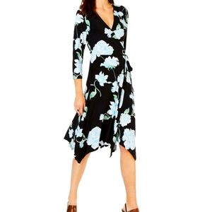 INC Garden Floral Wrap Midi Dress in Black/Blue Radiant Roses Size Medium *BNWTs